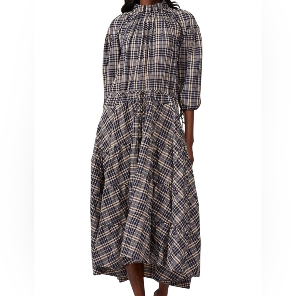 Teija Cotton & Wool Plaid Puff 3/4 Sleeve Ruffle High Neck Dress, Size 8